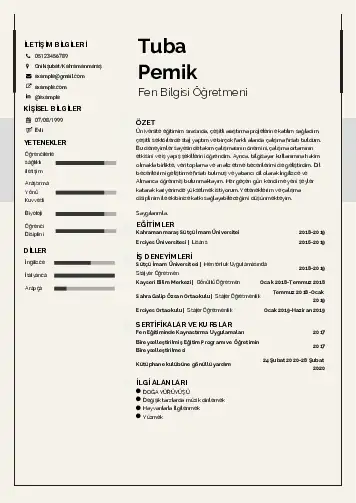 Fen Bilgisi Öğretmeni CV Örnekleri cv indir